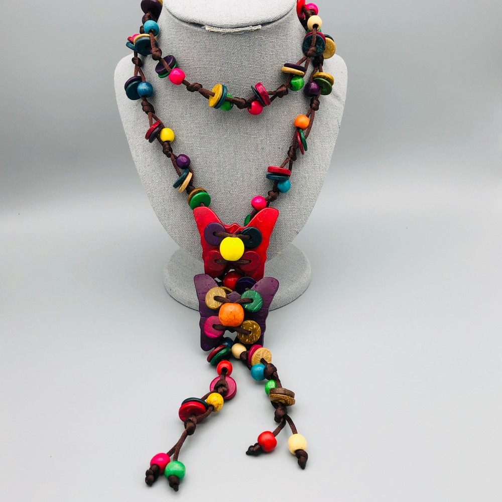 Vintage Multicolor Butterfly Tassel Necklace 30" Coconut Bead Boho Layering Cord - Picture 2 of 10